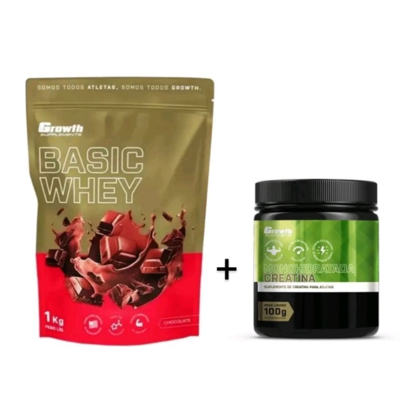 Kit Basic Whey Sabor Chocolate 1KG Mais Creatina 100g Monohidrata Growth Suplementos