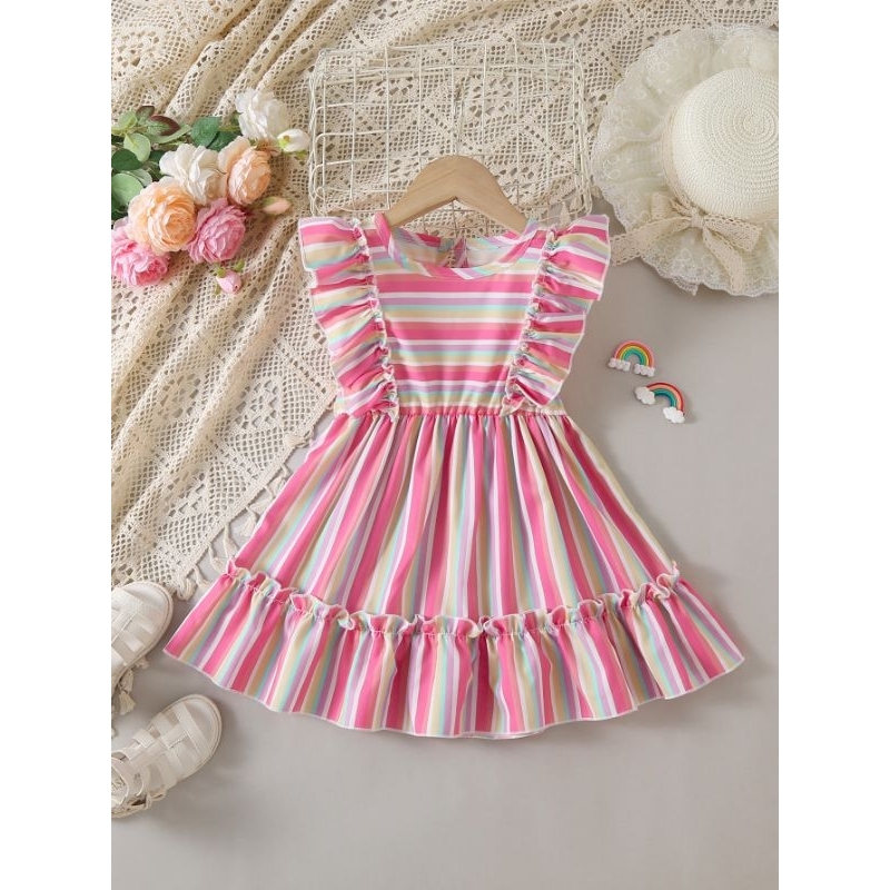 Vestido infantil menina listrado colorido arco-íris princesa verão