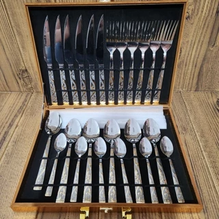 Faqueiro kit de Talheres Com 24 Peças em Aço Inox com Detalhe Dourado