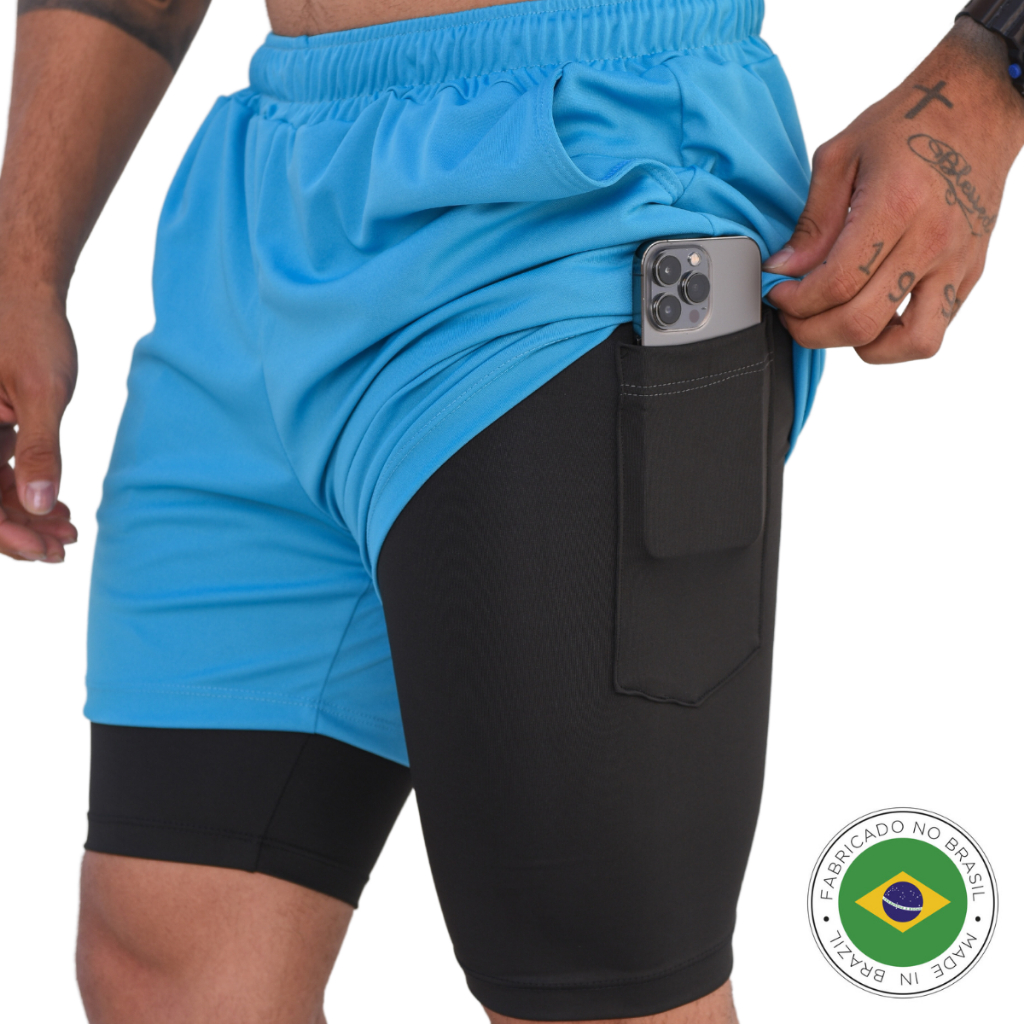 Short masculino 2 em 1 Térmico bermuda pro Action Dry Fit e bolso para  celular