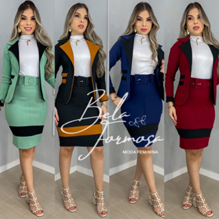 Lindo Conjunto Casaco Blazer Saia Cirrê Roupas Moda Cristã