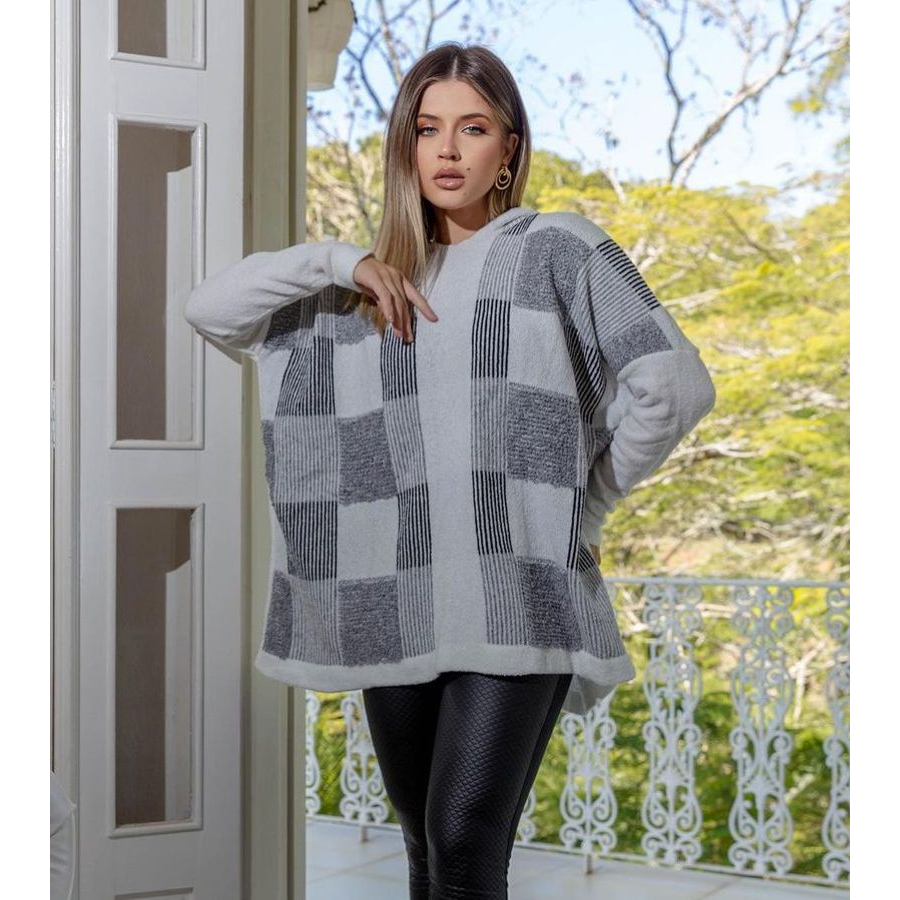 Poncho Feminino Manto Com Capuz Manga Longa Tricot Mousse grosso Premium