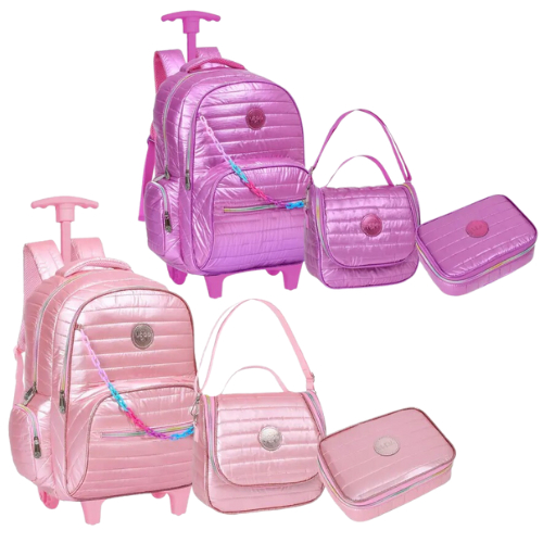 Mochila de Rodinha Menina Infantil Escolar Kit Metalizada Feminina Lancheira Térmica Estojo