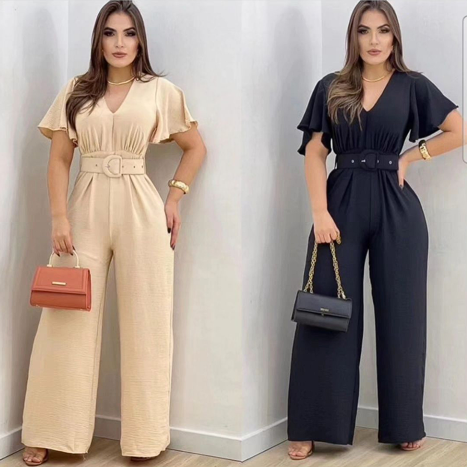 Macacão Longo Pantalona Feminino com Cinto | Tecido Duna Elegante | Sem ...