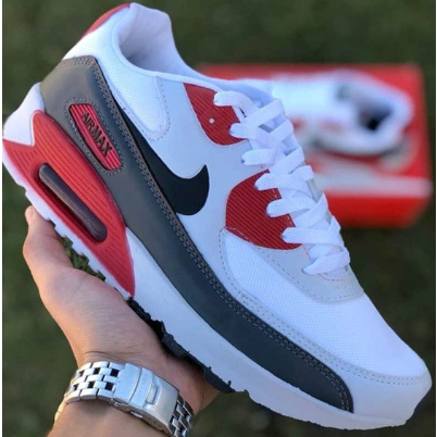 Tênis Masculino Barato, Promoção, Tenis Feminino e Masculino Branco Com Vermelho Airmax 90