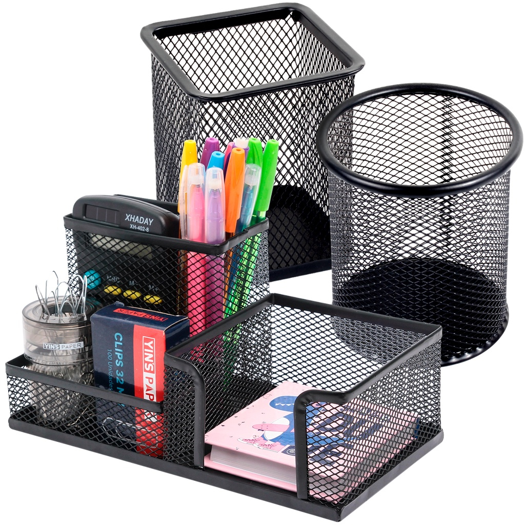 Kit 3 Organizador Porta Caneta Treco De Mesa Redondo Quadrado 3 Divisorias Metal Aramado 1206