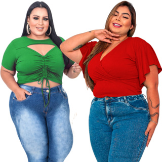 Kit 2 Cropped Plus Size Blusa Feminino Manga Flare Decote Diamante Verão  Grande Cropet Boca Sino Canelado com Lycra Elastano GG G1