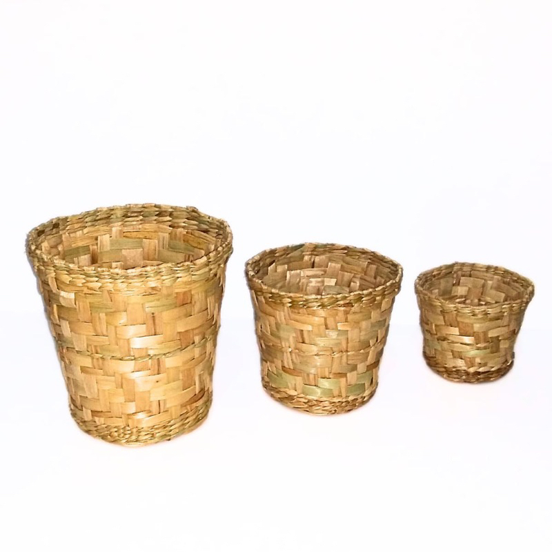 Kit 3 Peças Cesto Cachepot Redondo Palha Aberta Taboa Decoração Multiuso P M G