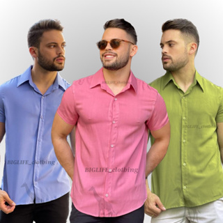 camisa masculina lisa de botão manga curta em VISCOSE
