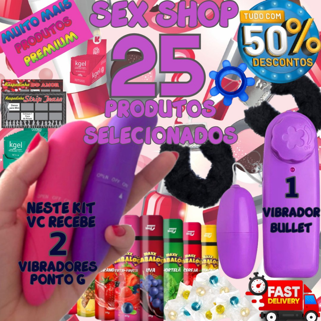 Kit Sex Shop com 25 itens eroticos vibrador ponto g bullet algema lubrificante