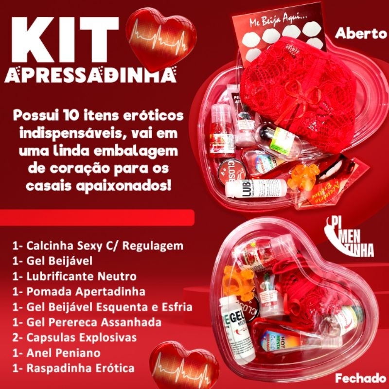 Kit Erótico coração com 10 itens Gel Beijavel, calcinha sexy anel