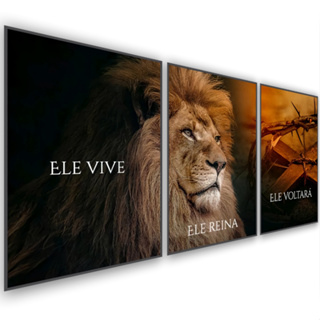 Quadros Decorativos Mosaico 60x40 Leão de Juda + Coroa Jesus Cristo Sala Quarto Escritorio