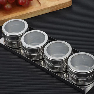 Porta Tempero Condimento 4 Potes Inox Com Base Magnética 70ml e Visor Transparente 6x4cm Com Imã Para Geladeira e Suporte