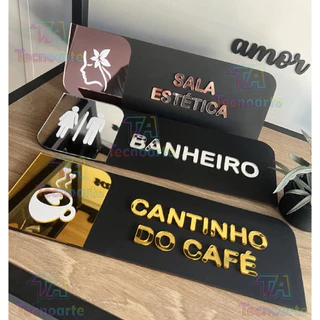 Placa Identificação de Porta Em MDF PRETO com ACRILICO espelhado. Banheiro, Copa, Cantinho do café, Acesso Restrito, Estetica
