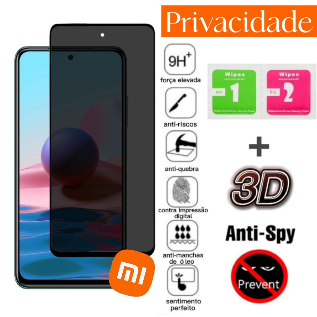 Película 3D Vidro Temperado Privacidade Anti Spy Para XiaoMi Redmi 9/9A/9T/10C/12C/NOTE 10 4G/NOTE 11 4G/NOTE 12 NOTE 12 PRO