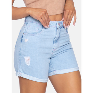 Shorts Jeans Feminino Rasgado Lavagem Clara Barra Virada Costura Na Cor Rosa Bebe claro clarinho rasgadinho