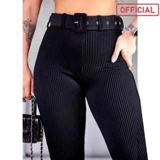 Calça Plus Size Feminina Canelada 3D Cinto Grossa Skinny Legging Leg Preta Casual