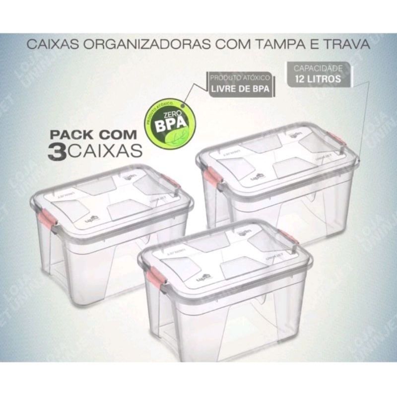 kit 3 Caixas Transparente Organizadoras 12 Litros Uninjet Multiuso Cesto Cristal Com Travas Armazenamento Brinquedos Ferramentas Roupas Alimentos