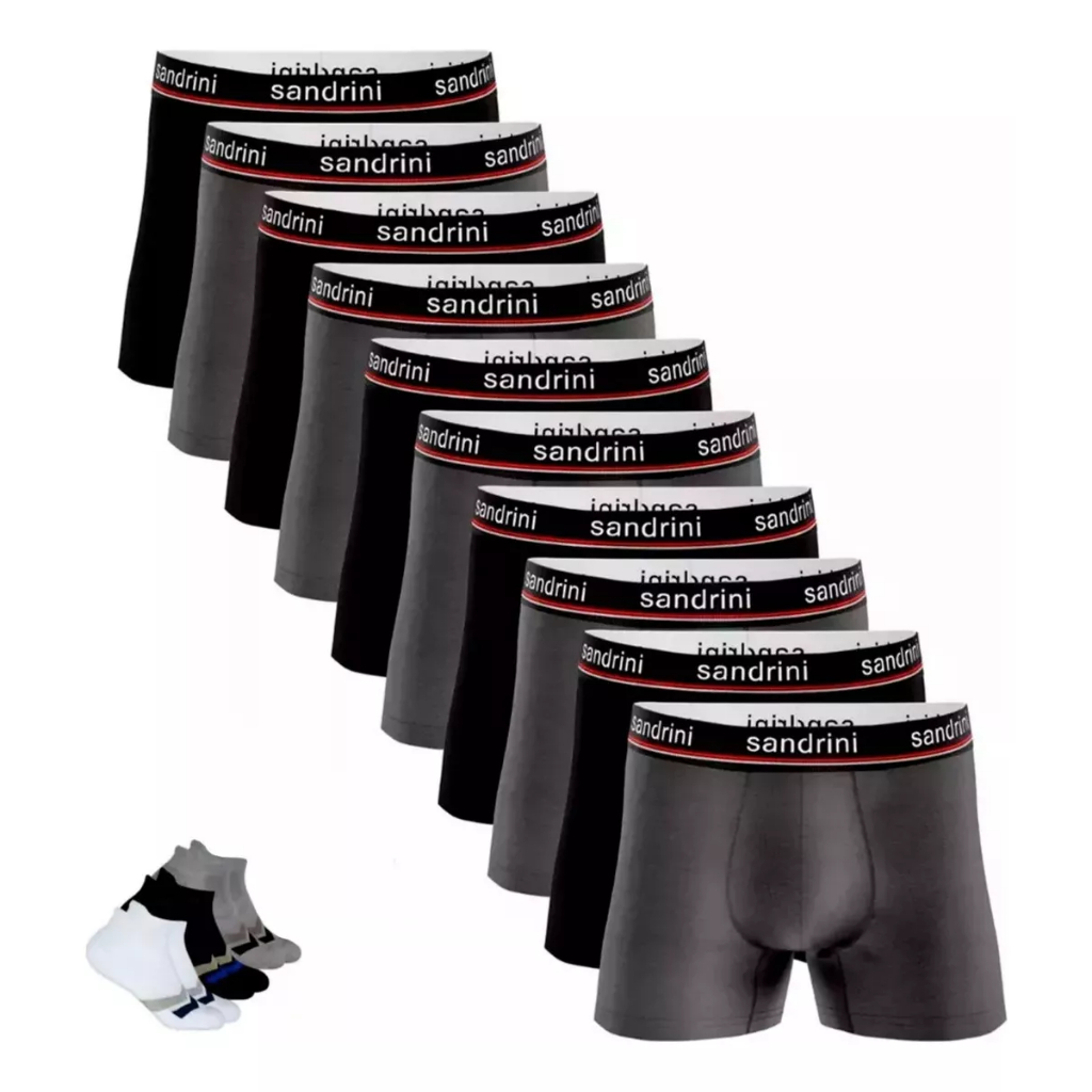 Kit 10 Cuecas Boxer Masculina Sandrini Adulto Box + 6 Meias Promoção