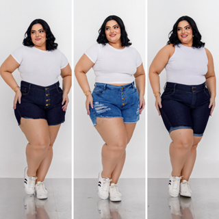 Short Jeans Feminino Plus Size Com Lycra Cintura Alta