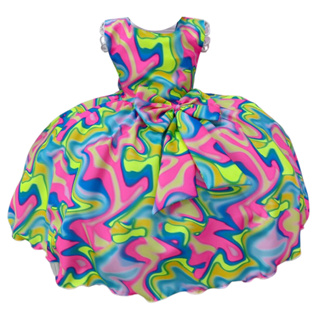 Vestido Infantil Barbie Azul Marinho Neon C/ Broche de Laço