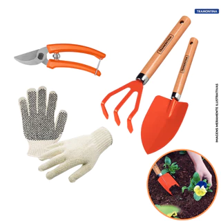 Conjunto Jardinagem Tramontina 3 Peças e Luva (Ancinho, Pazinha Larga, Tesoura de Podar Galhos + Luva)