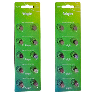 20 Bateria Pilha Alcalina LR41 AG3 LR736 1,5V Elgin 4 Cartelas Blister com 10 Unidades Original