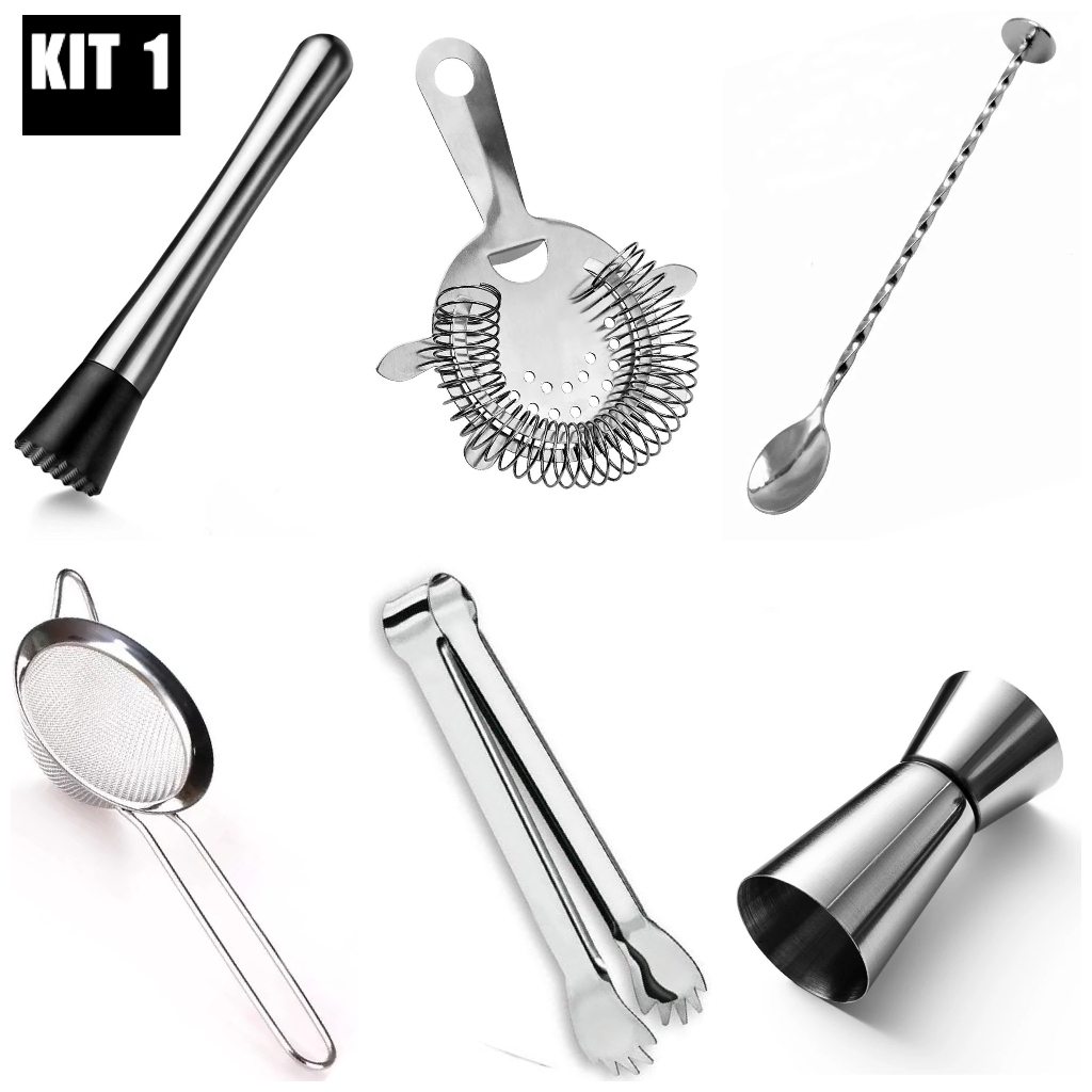 Kit Barman Inox Pegador de Gelo, Socador, Peneira, Coador Strainer, Copo Dosador e Colher Bailarina para Caipirinha