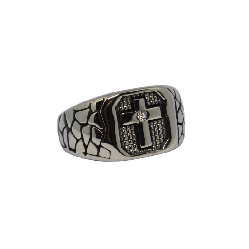 Anel Cruz com Strass Religioso Unissex de Aço Inoxidável Prateado
