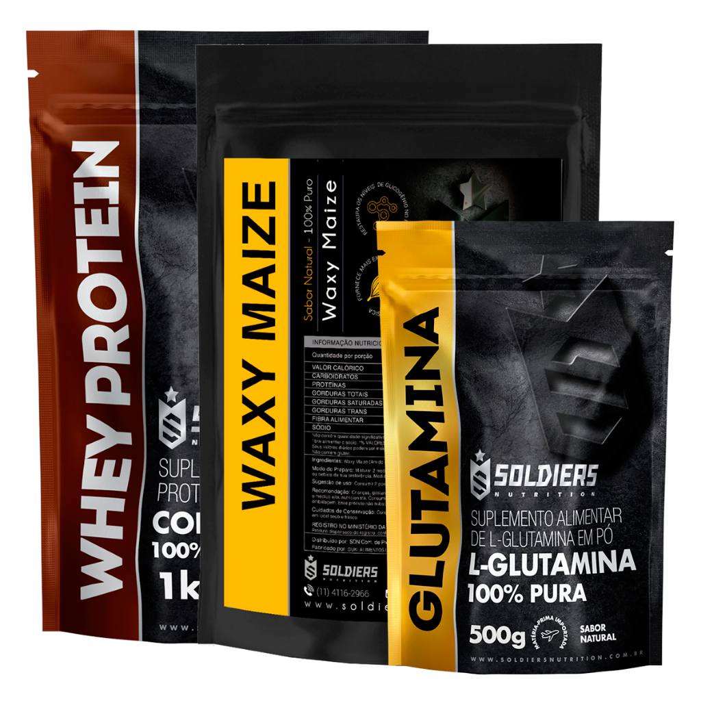 Kit: Whey Protein Concentrado 2Kg + Glutamina 500g + Waxy Maize 1Kg – Soldiers Nutrition