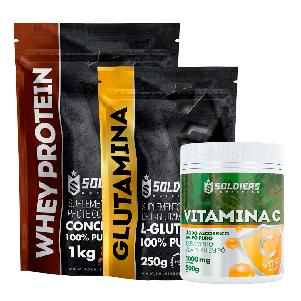 Kit: Whey Protein Concentrado 1Kg + Glutamina 250g + Vitamina C Em Pó 500g – 100% Importado – Soldiers Nutrition