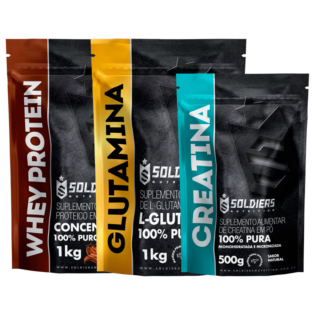 Kit: Whey Protein Concentrado 5kg + Glutamina 1kg + Creatina Monohidratada 500g – 100% Importado – Soldiers Nutrition