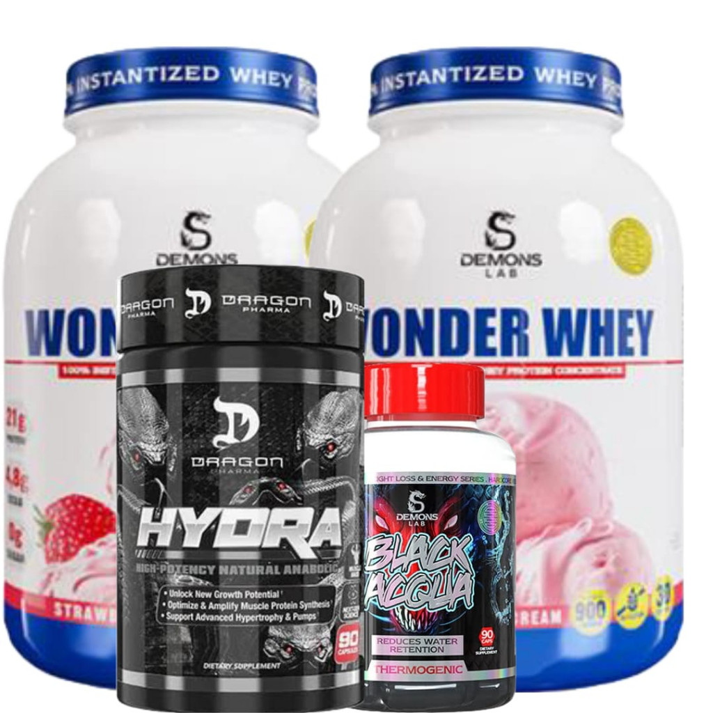 COMBO DE SUPLEMENTOS 2X WONDER WHEY 900G DEMONS LAB + TERMOGÊNICO BLACK ACQUA 60 CAPS DEMONS LAB + PRÓ HORMONAL MASCULINO HYDRA 120 CAPS DRAGON PHARMA