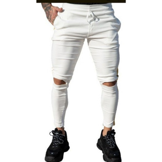 Calça Off White Rasgo No Joelho Listra Lateral Preta Dourada