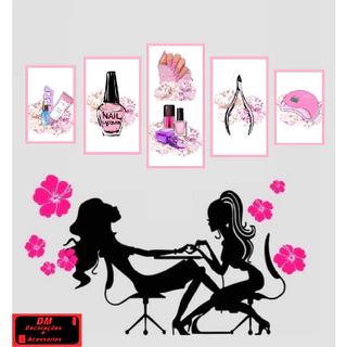Quadros Decorativos Salão Manicure Rosa Moderno Mosaico 5 peças 115x60 cm