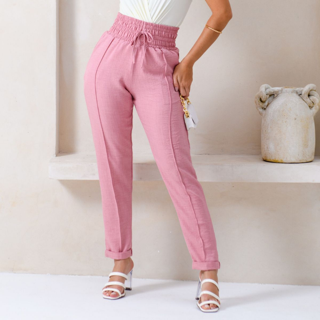 Calça cós largo elástico/cintura alta e barra italiana Shopee Brasil