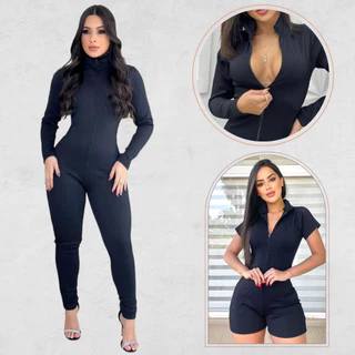 Kit Macacão e Macaquinho Canelado 3D Premium Virginia Curto E Longo Com Ziper