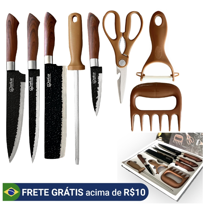 Kit Jogo Facas 8 peças Inox Churrasco Cozinha com Garra e Amolador