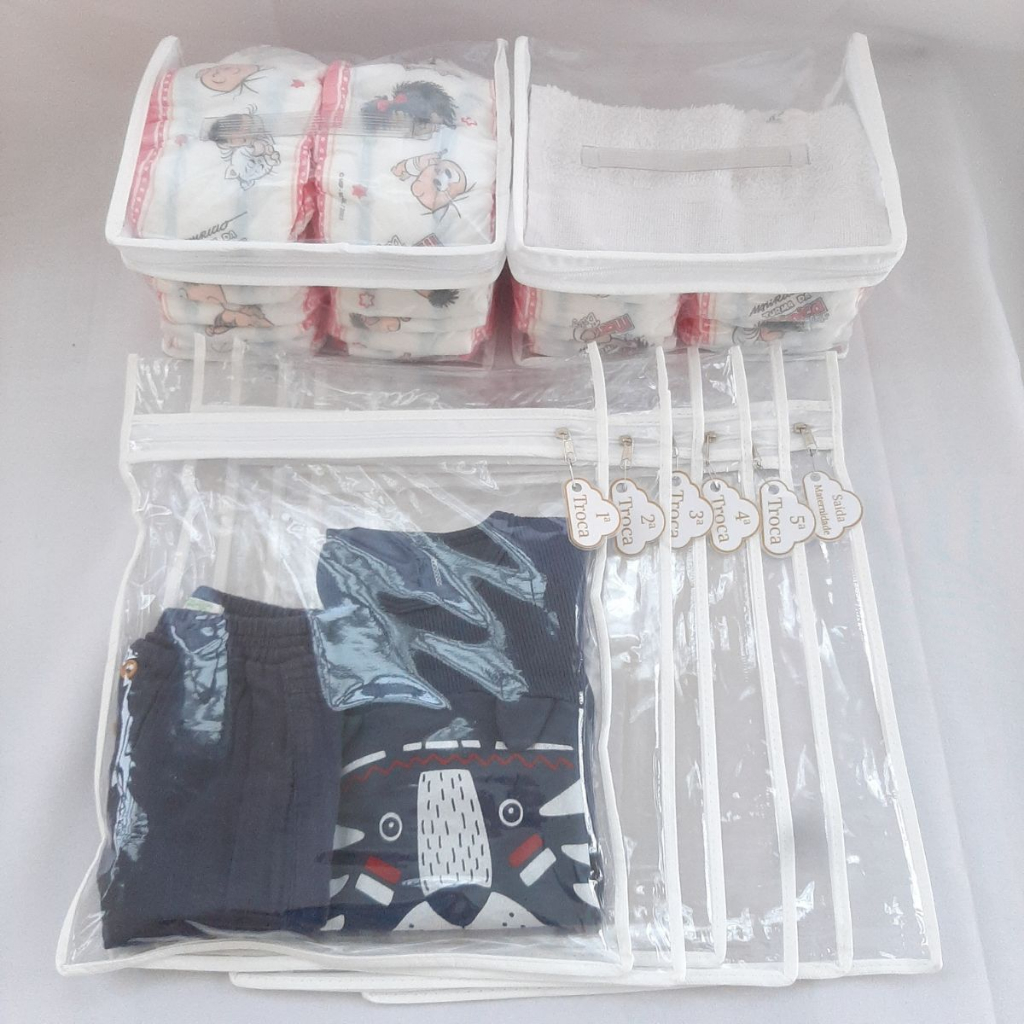 Kit 6 Saquinhos Bebe Gestante Organizador Mala Maternidade TAG + 2 Nécessaire Porta Fraldas Remédio.