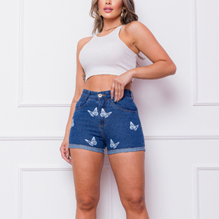 Short jeans feminino estampado