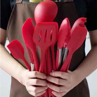 Kit 10 Peças Colheres De Silicone Cabo Inox Utensílios Cozinha