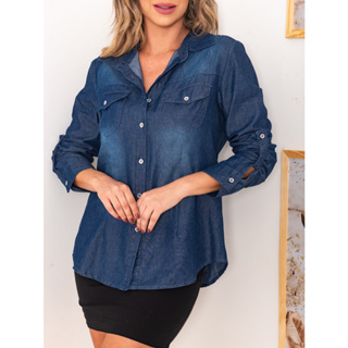 Camisa jeans feminina acinturada com bolso, moda evangélica