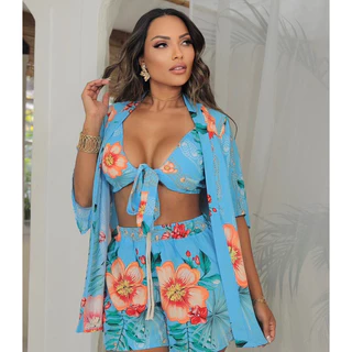 Conjunto Kimono Praia Gringa top com bojo especial blusa com manga 3/4 short com elástico Promoção