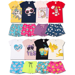 Kit Sortido 8 Peças de Roupas Infantil Menina - 4 Camisetas + 4 Bermudas - Promoção - Kit com 4 Conjuntos de Roupa Infantil Menina Verão Feminino Bebe Barato