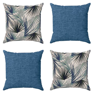Kit 4 Capas De Almofadas 45x45 Decorativas Folhas Azul Para Sofá E Cama C/ Zíper