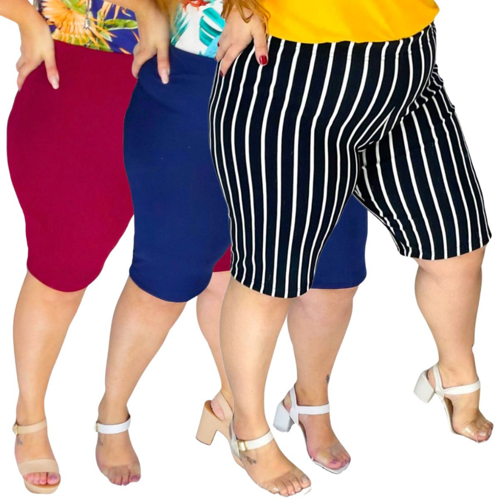 Bermuda Feminina Plus Size Curve Cintura Alta Gorgurão Com Elastano ...