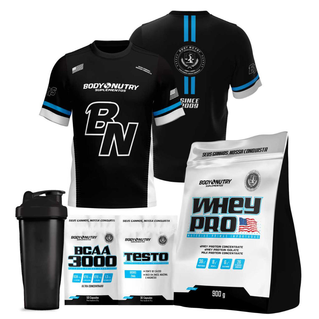 Kit Whey Protein isolado + Testo + BCAA + Coqueteleira + Camiseta de Treino Body Nutry