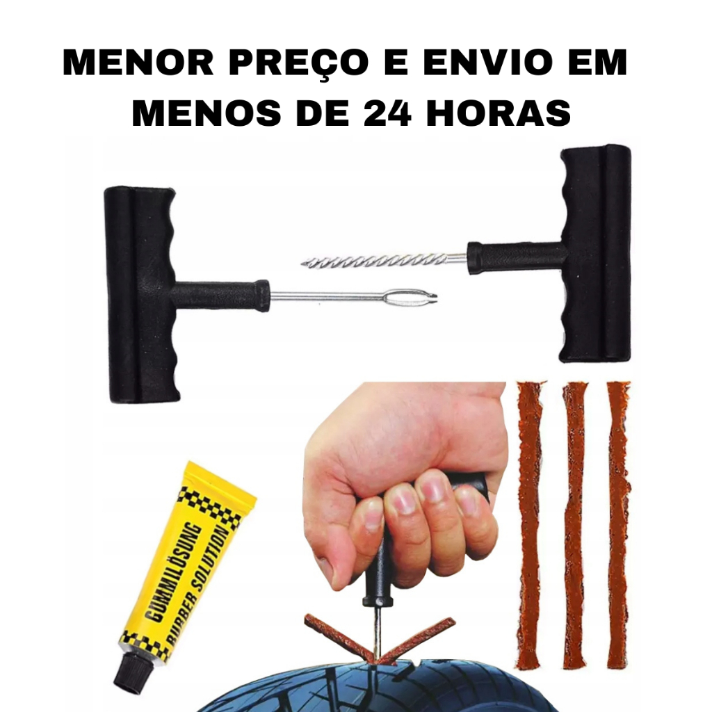 KIT REMENDO CHAVE E REFIL PARA REPARO PNEU SEM CÂMARA PARA CARRO MOTOS MODELO MACARRÃO