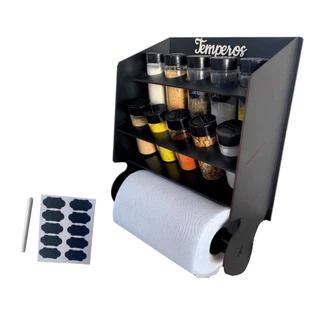 Porta Tempero e Porta Papel Toalha em Mdf Pintado com 10 Potes com Tampa mais Etiquetas