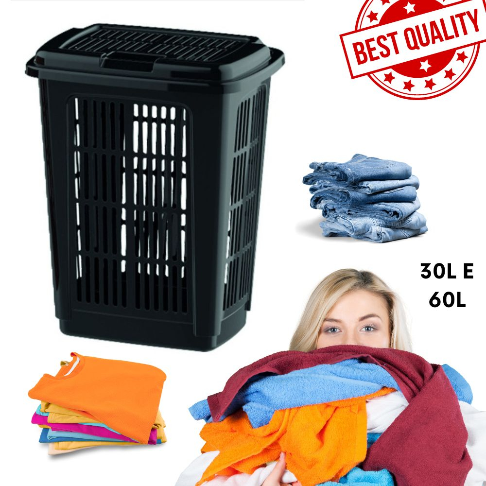 Cesto de Roupa Suja ou Limpa Com Tampa Plástico 30 60 Litros | Shopee ...